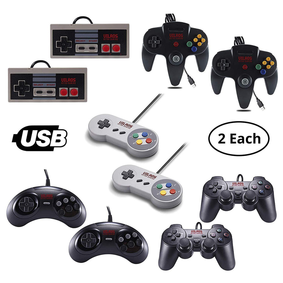 Vilros Retro Gaming Classic USB Controller Set- Includes: 2 NES Style USB Gamepads -2 SNES Style USB Gamepads-2 SEGA GENESIS Style USB Gamepads-2 PS2 Style USB Gamepads-2 N64 Style USB Gamepads | Vilros.com | Free Shipping