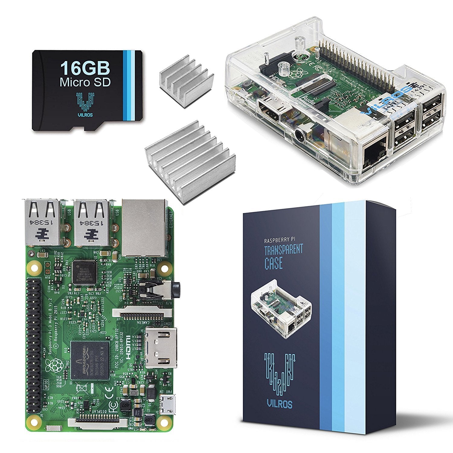 Vilros Raspberry Pi 3 Barebones Kit - Includes Raspberry PI 3 - Sandisk 16GB Micro SD Card - Clear Case - Heatsink | Vilros.com | Free Shipping